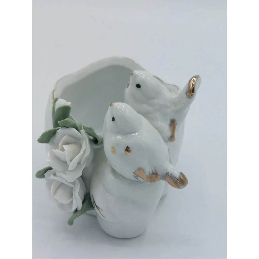 Vtg Porcelain Trinket Dish Planter Dove Birds Raised Flowers White Gold Trim